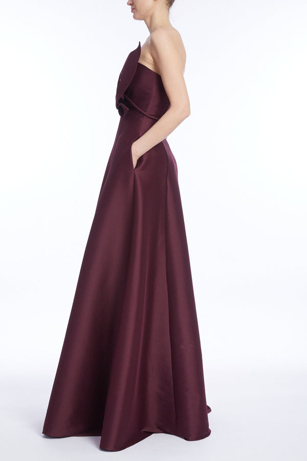 Wine Beaded Petals Strapless Evening Gown