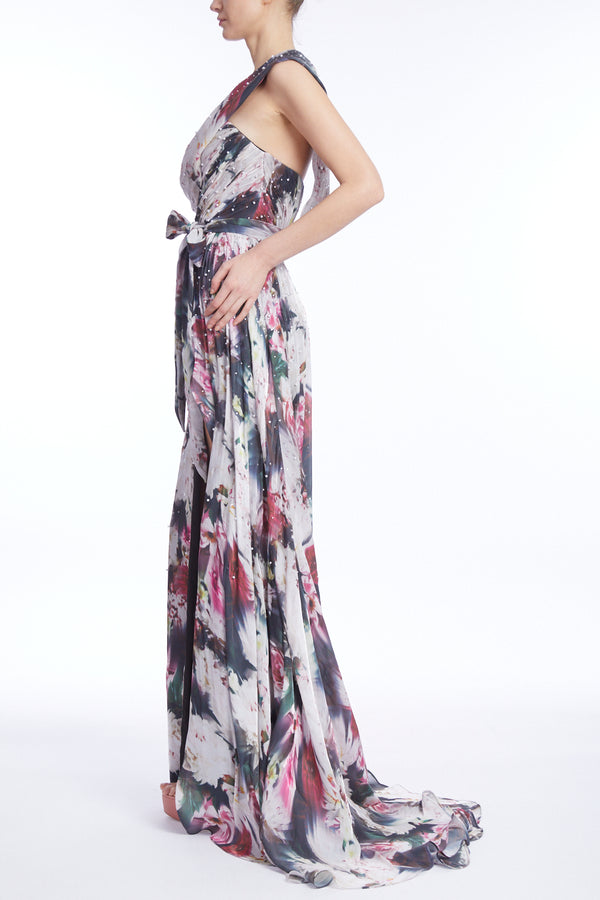 Beaded Floral One-Shoulder Gown with Slit