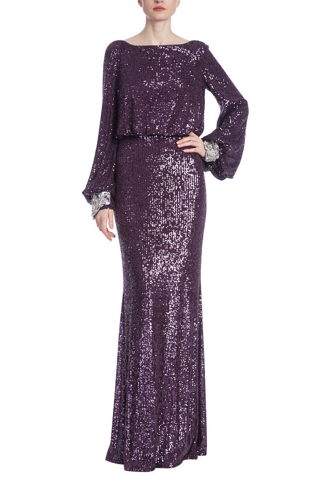 Sequined Boat Neck Column Gown