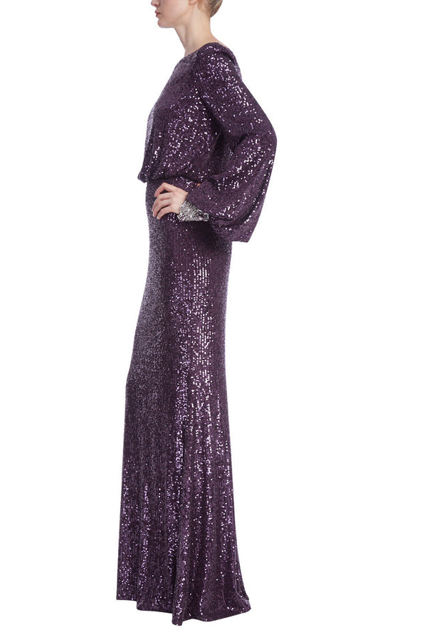 Sequined Boat Neck Column Gown