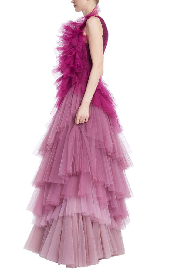 One-Shoulder Ombre Tulle Tiered Gown