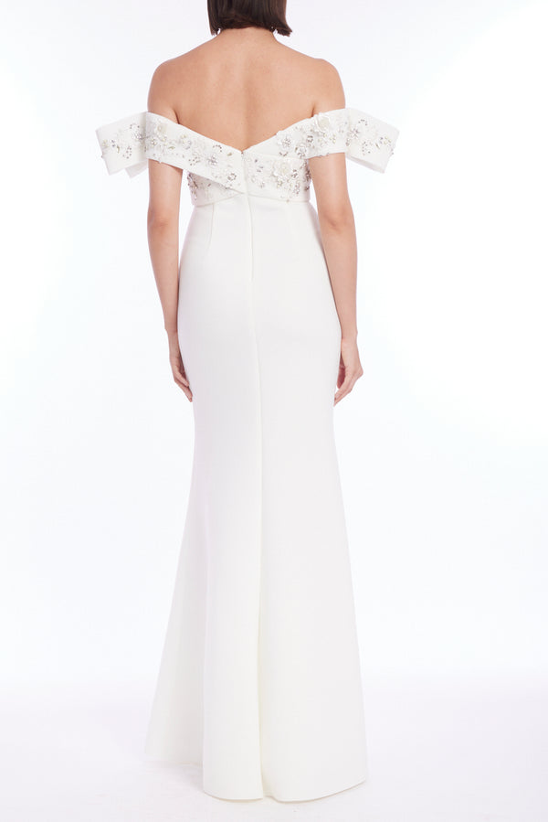 Exaggerated Off-Shoulder Gown with Beaded Bodice