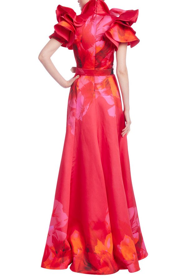 Floral Print Ruffle-Sleeved Taffeta Gown