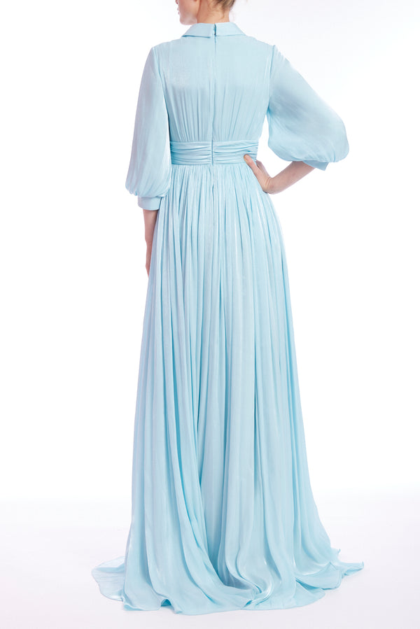 Pleated Chiffon Gown with Bishop Sleeves