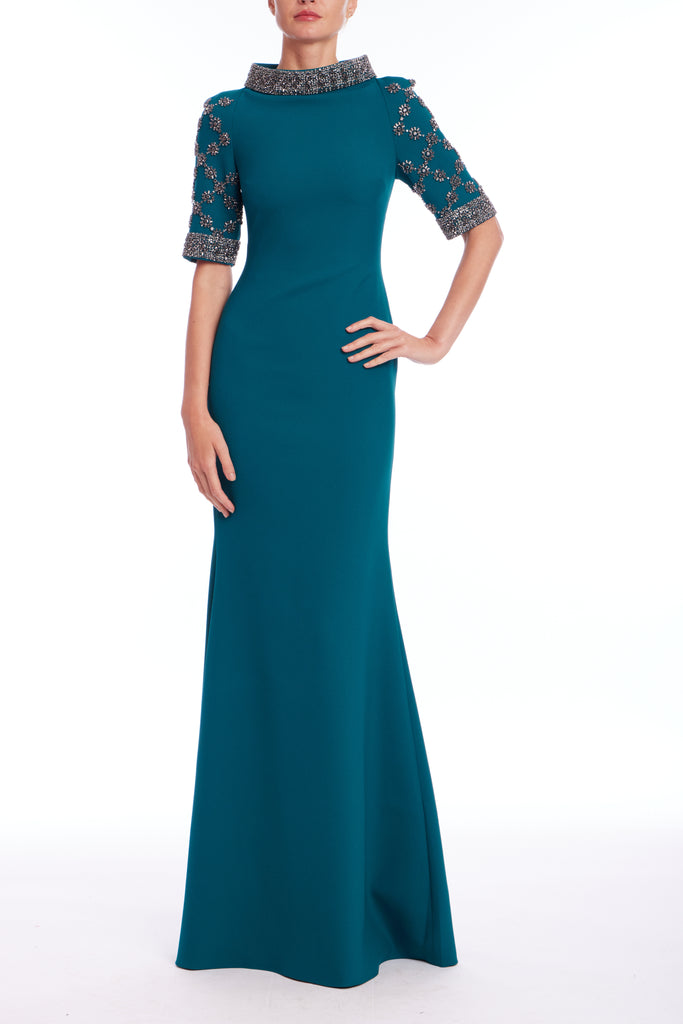 Teal Beaded Sleeves and Neckline Long Dress