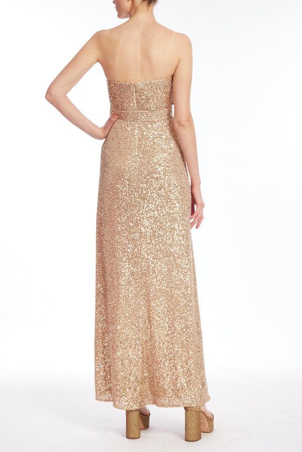 Strapless Metallic Sequined Gown with Bow