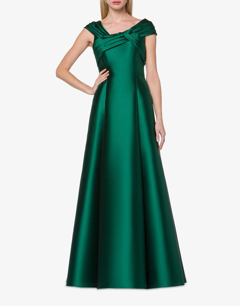 فستان ميكادو أخضر طويل بكتف منسدل