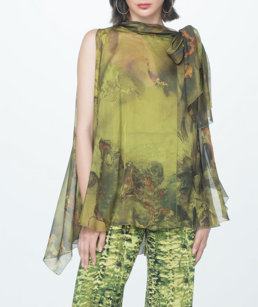 Green Chiffon Blouse With Flower Bomb Print
