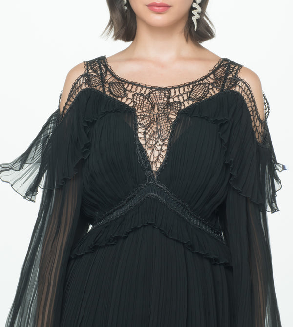 Black Chiffon Dress with Embroidery Embellishment