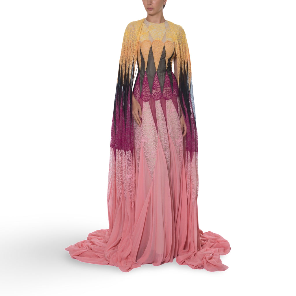 فستان دانتيل متعدد الألوان مع لوحات جورجيت وكاب