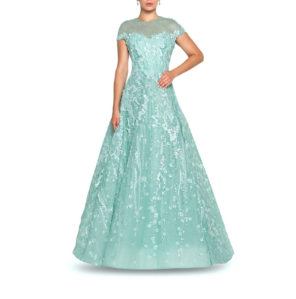 Blue Tulle Ruffles Neckline Dress