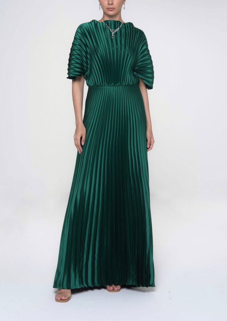 Emerald Fluid Satin Fan Shape Pleated Gown
