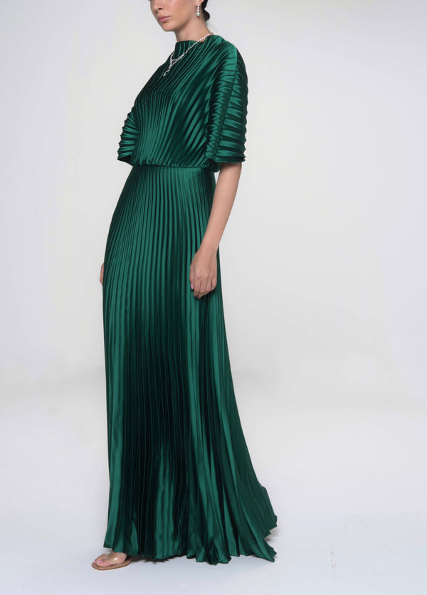 Emerald Fluid Satin Fan Shape Pleated Gown