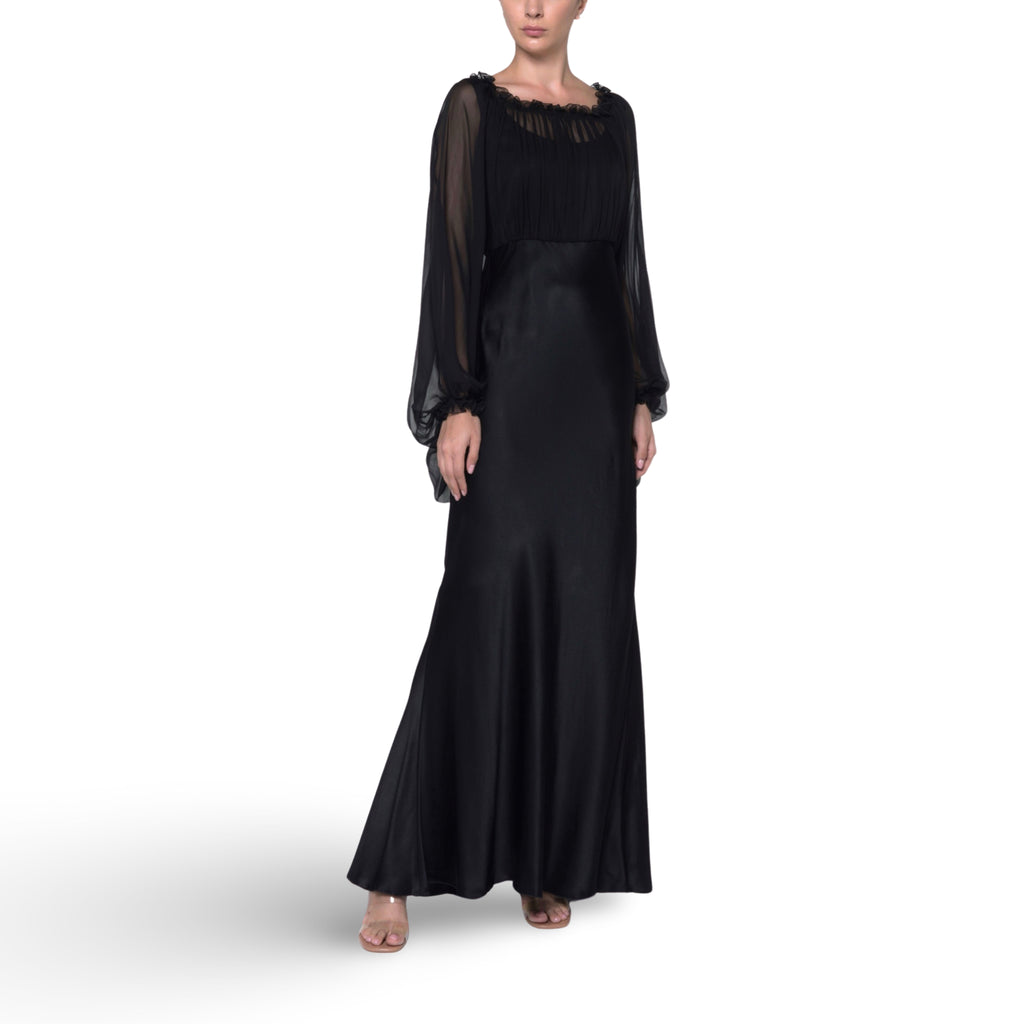 Black Satin Long Sleeve Gown