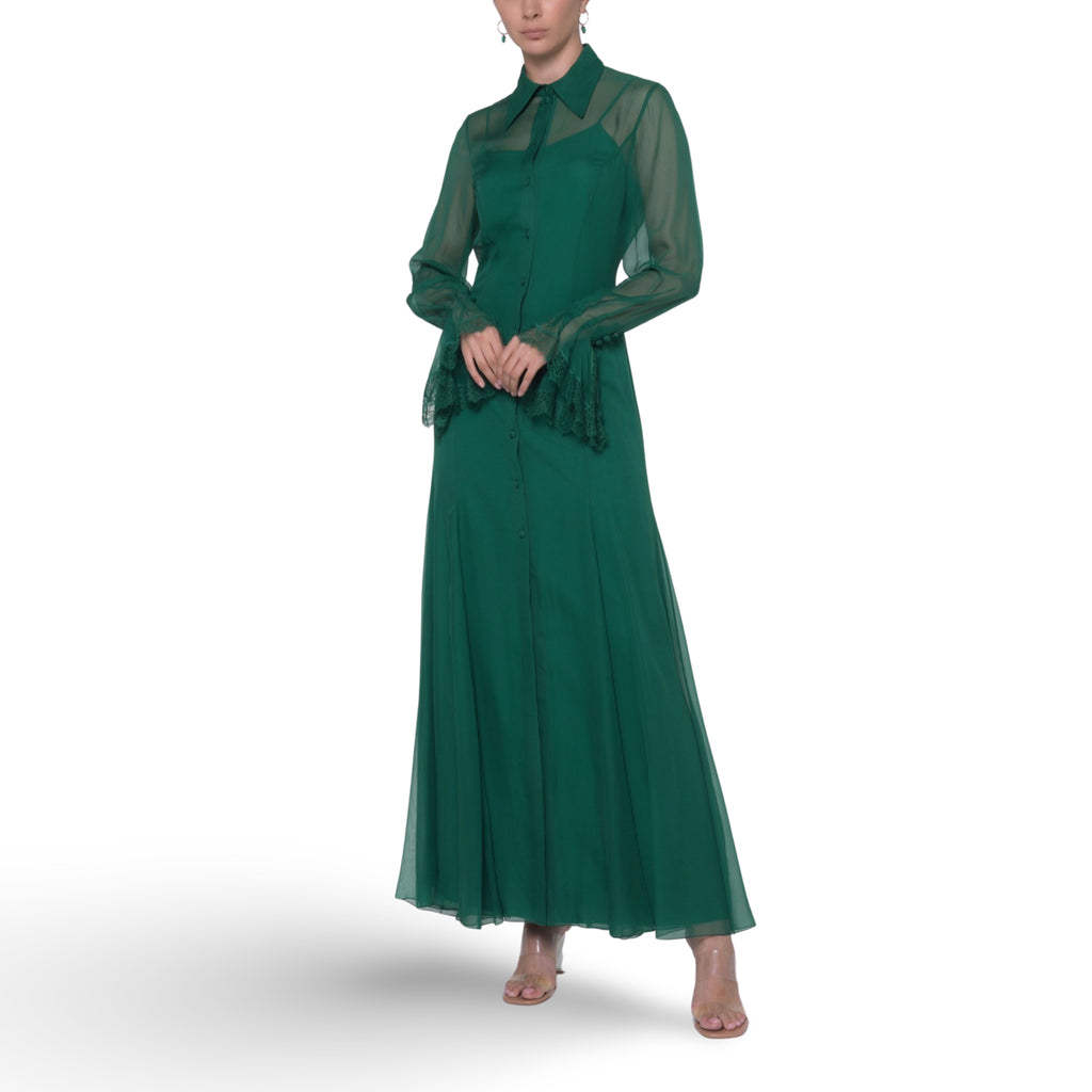 فستان طويل من الشيفون الأخضر العضوي