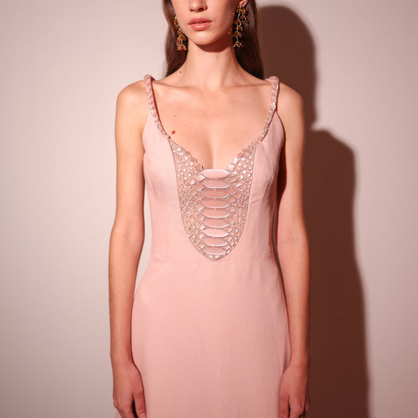 Gabardine Dress with Crystallized Padded Bands & Beaded Panel