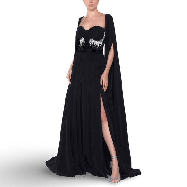 Beaded Crepe Dress With Long Open Sleeves and Slit