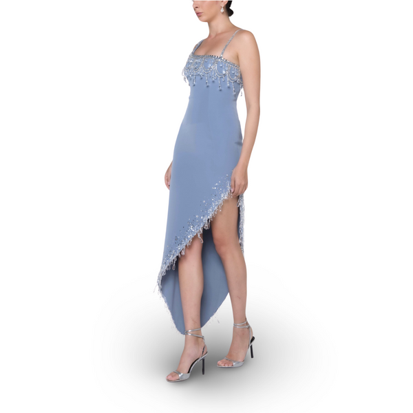 One Shoulder Crepe Dress With Beaded Neckline