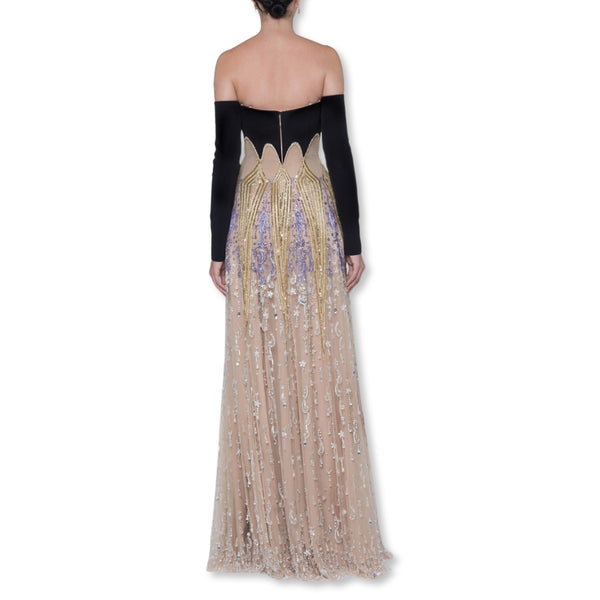Beaded Tulle Dress in Crepe Bust And Sleeves