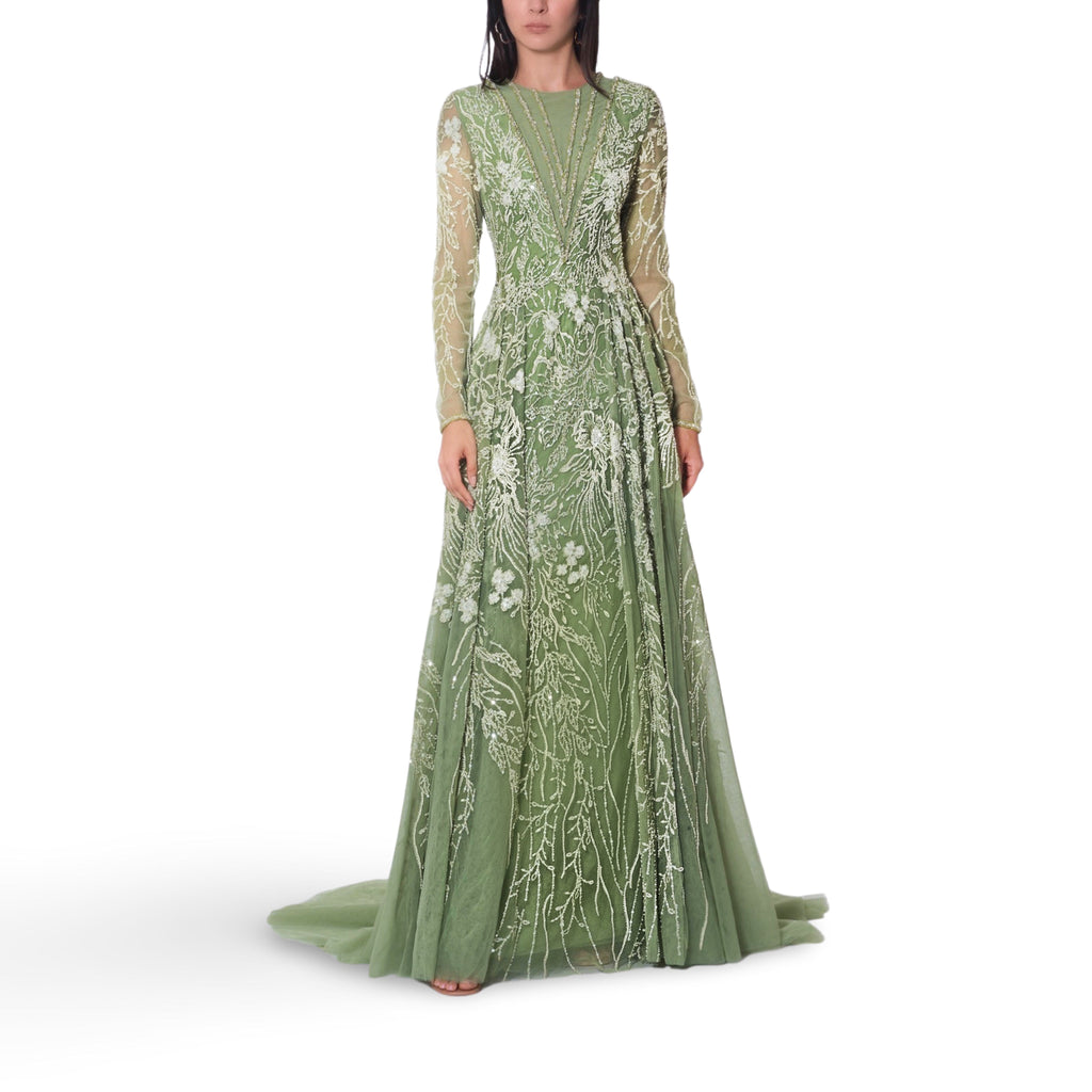 Twigs And Leaves Embroidered Shimmery Tulle Dress