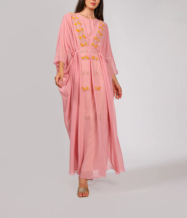 Light Chiffon Gathered Kaftan with Hand Made Embroidery