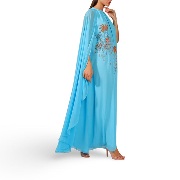 Turquoise Blue Chiffon Cape Dress