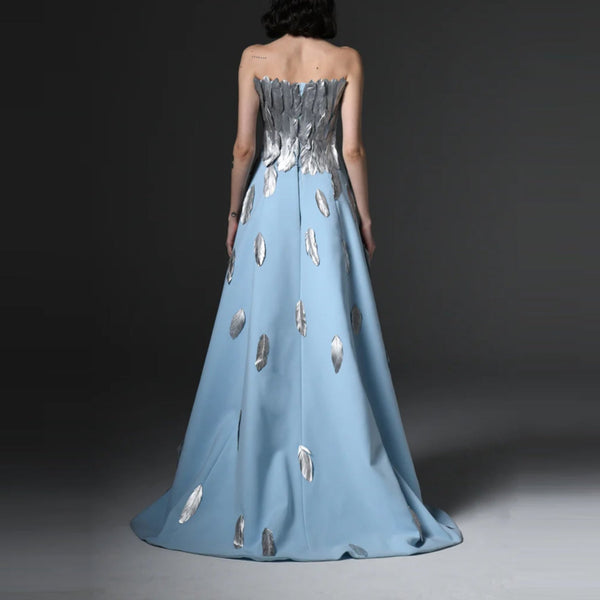 Light Blue Crepe Dress With Feathers On Bustier