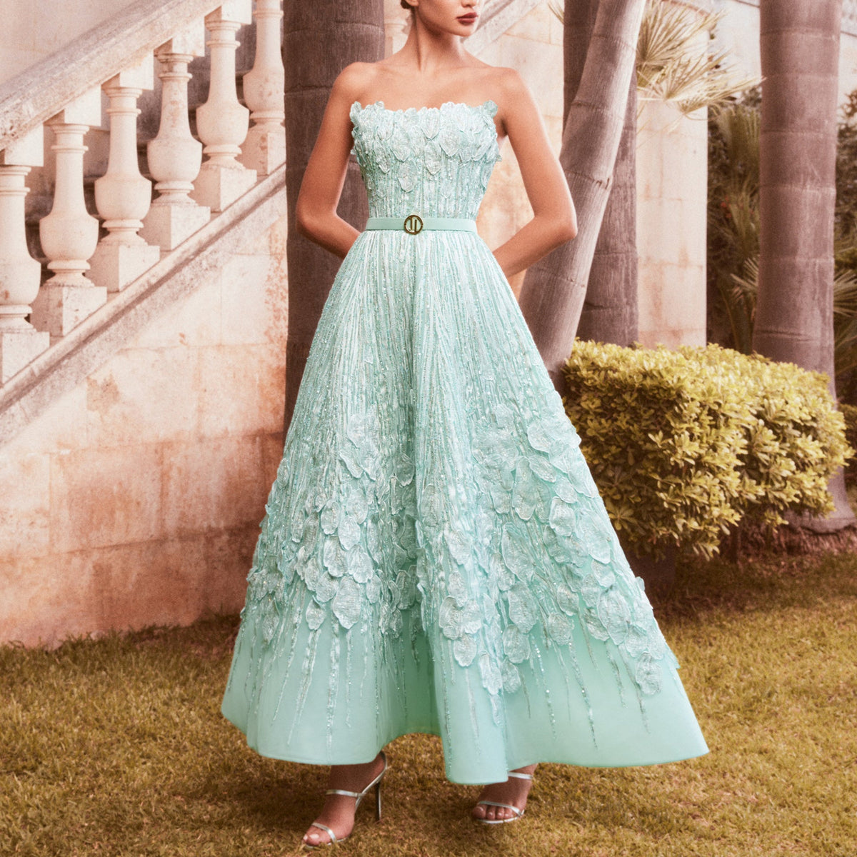 Water-Green Strapless Corset Dress by Tony Ward