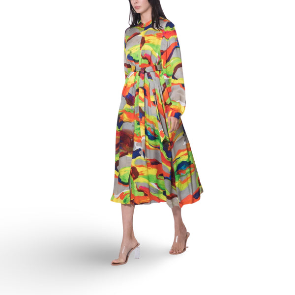 فستان ميدي بطباعة تجريدية متعددة الألوان