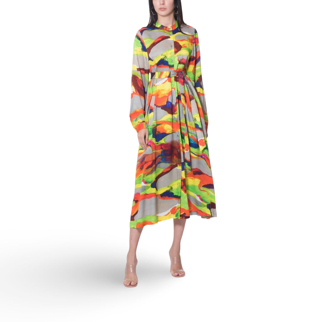 فستان ميدي بطباعة تجريدية متعددة الألوان