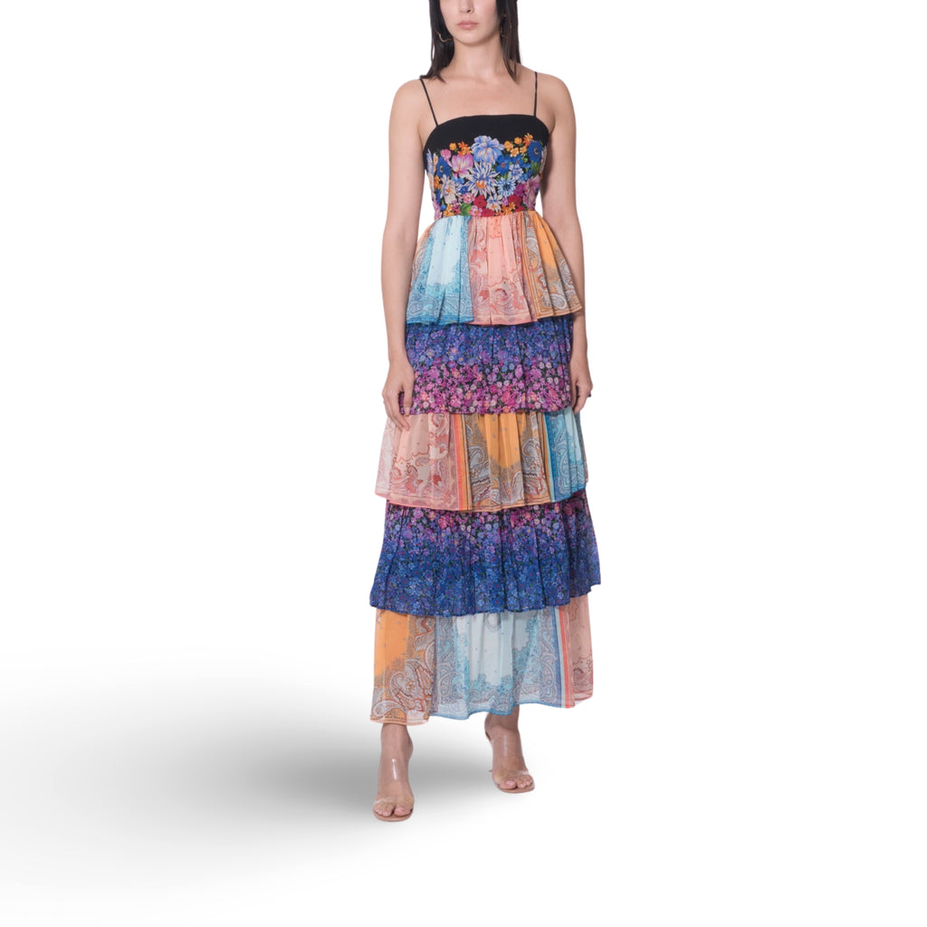 متعدد الألوان المطبوعة فستان طويل الطبقات