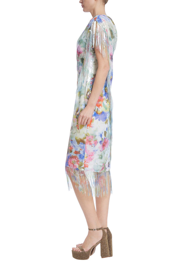 Asymmetric One Shoulder Floral Fringe Gown
