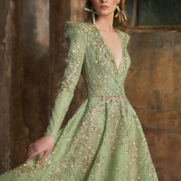 Embroidered Tulle Dress with Golden Detailing