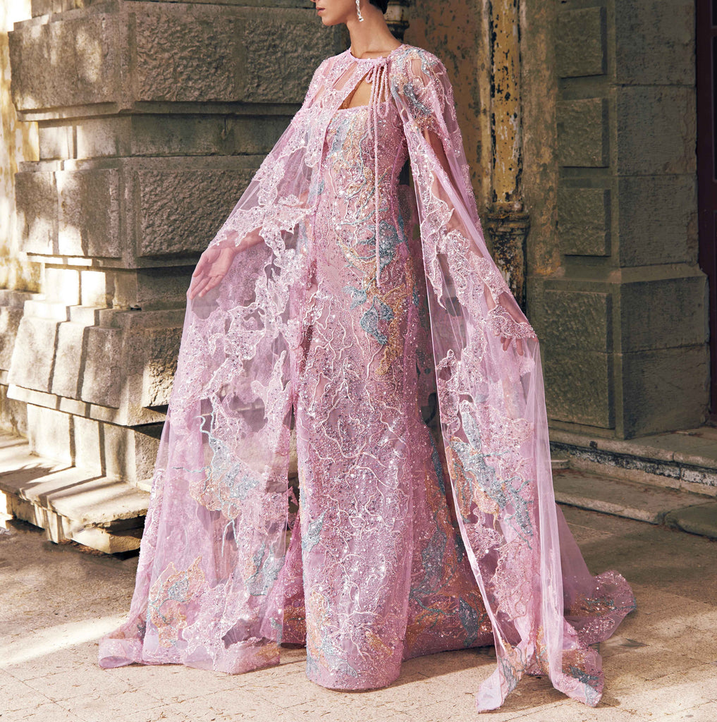 Embroidered Tulle Gown With Cape