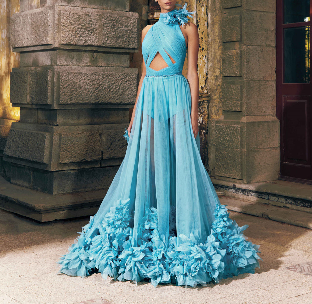 Halter Neck Draped Tulle Gown