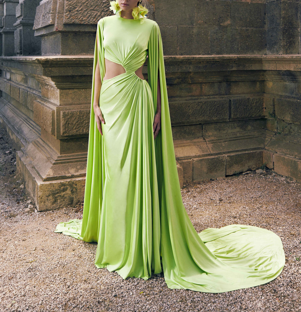 Wild Lime Cape Sleeve Jersey Gown