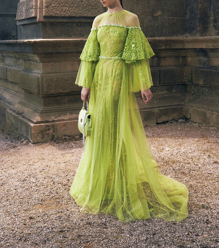 Ruffled Sleeved Tulle Gown