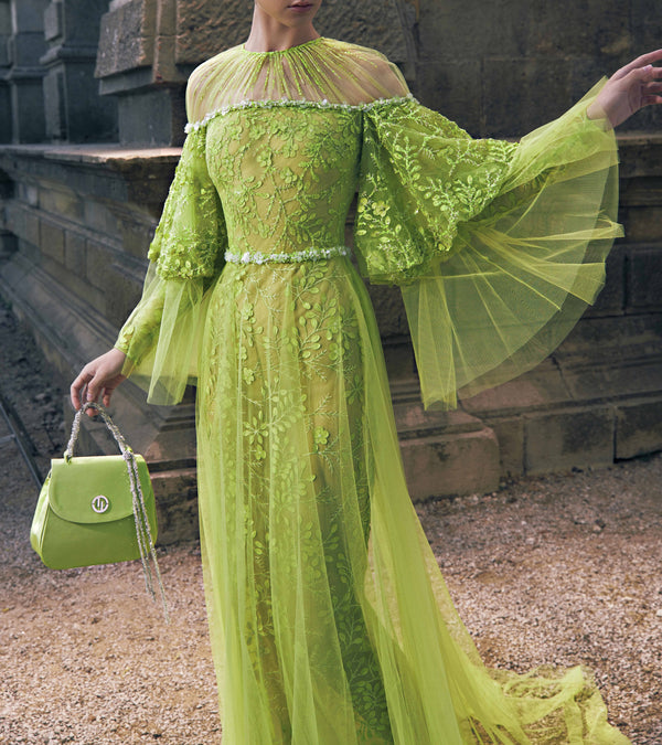 Ruffled Sleeved Tulle Gown