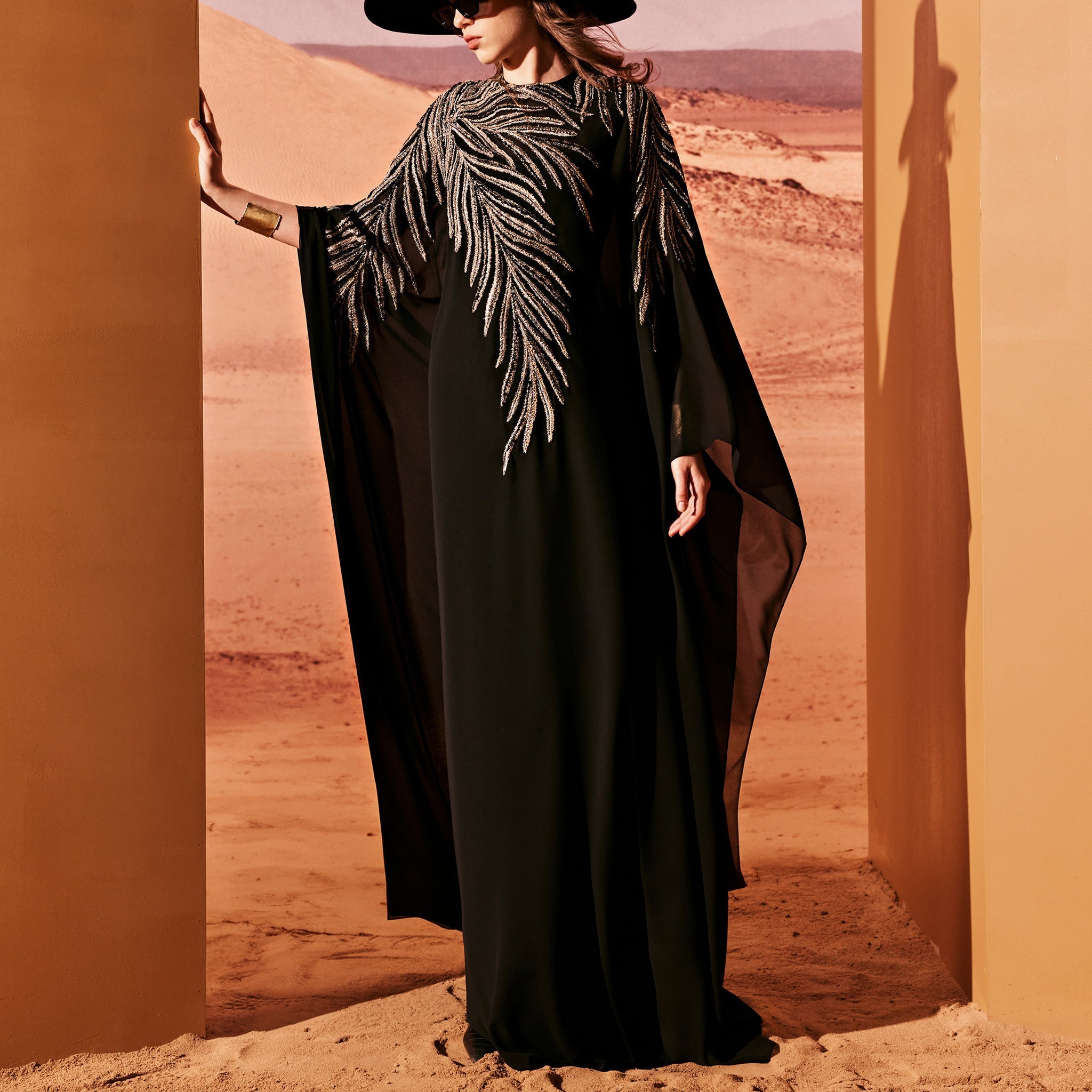 Black Tulle Kimono Dress With Embroidery by Tony Ward