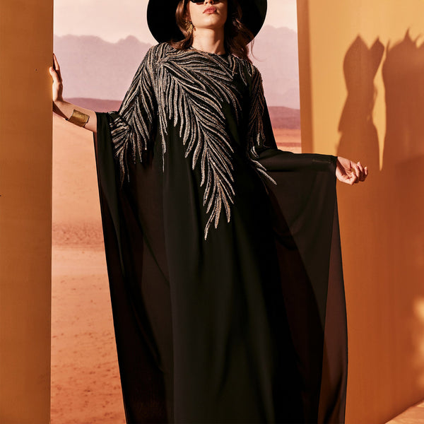 Black Tulle Kimono Dress With Embroidery