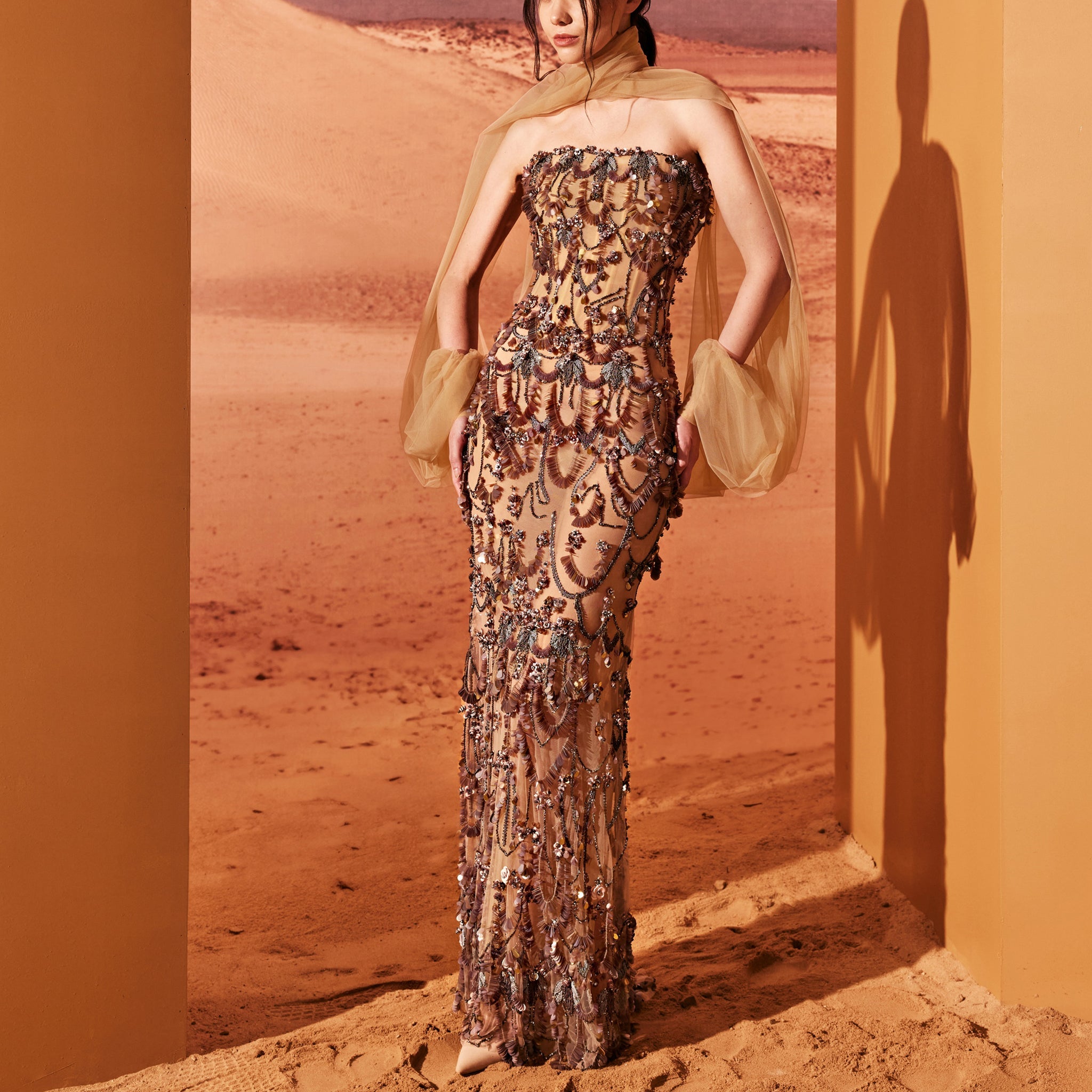 Camel Srepless Dress With Cape Sleeves by Tony Ward