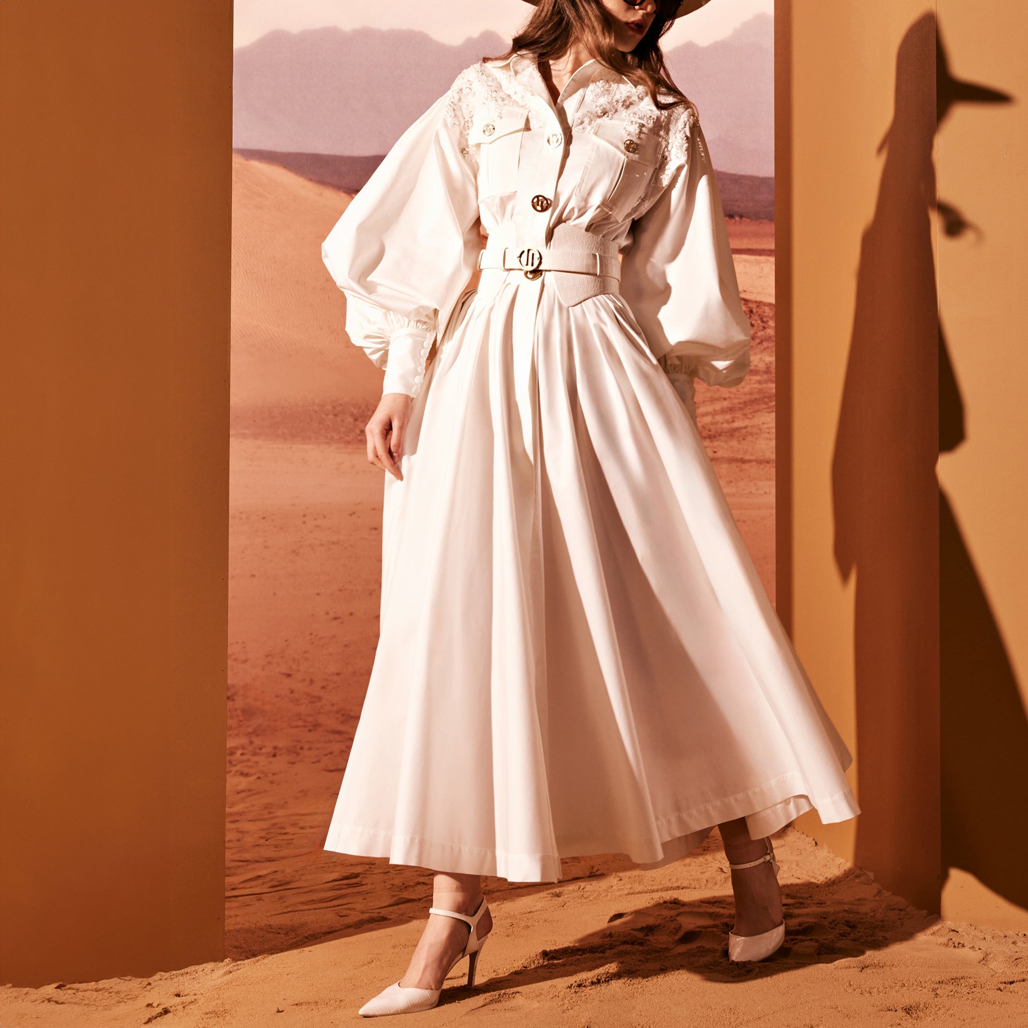 White Taffeta Shirt-Dress With Safari Hat by Tony Ward
