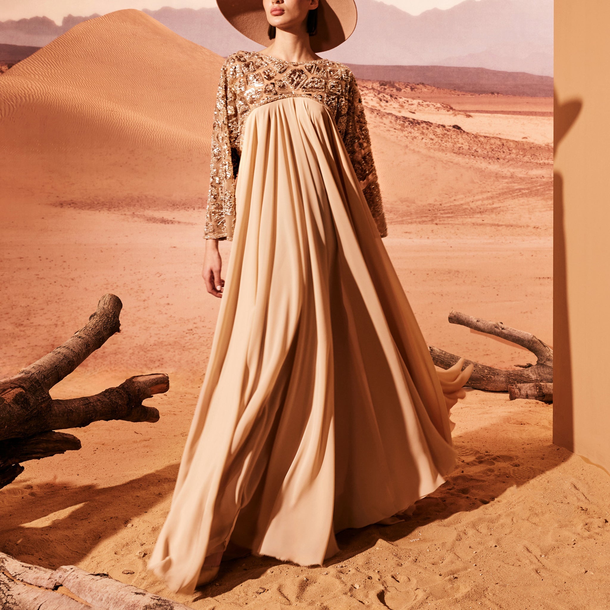 Camel Empire-Cut Dress With Pleats by Tony Ward