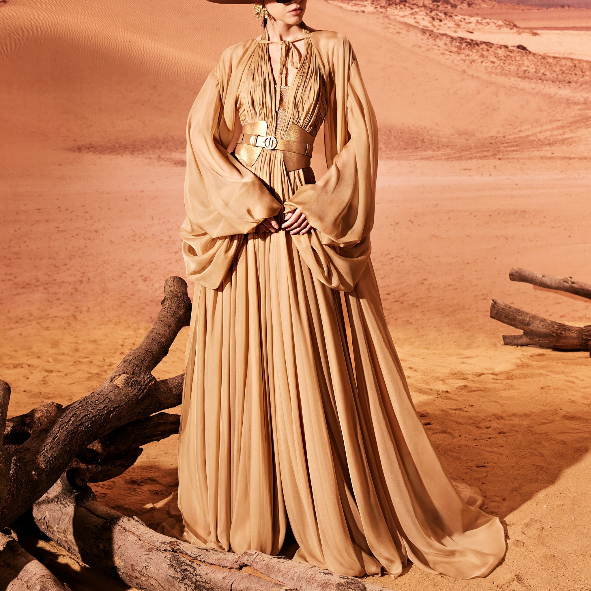 Flowy Camel Muslin Dress With Cape by Tony Ward
