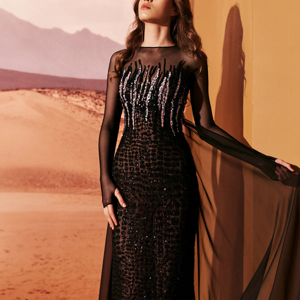 Black Tulle Dress With Linear Beading
