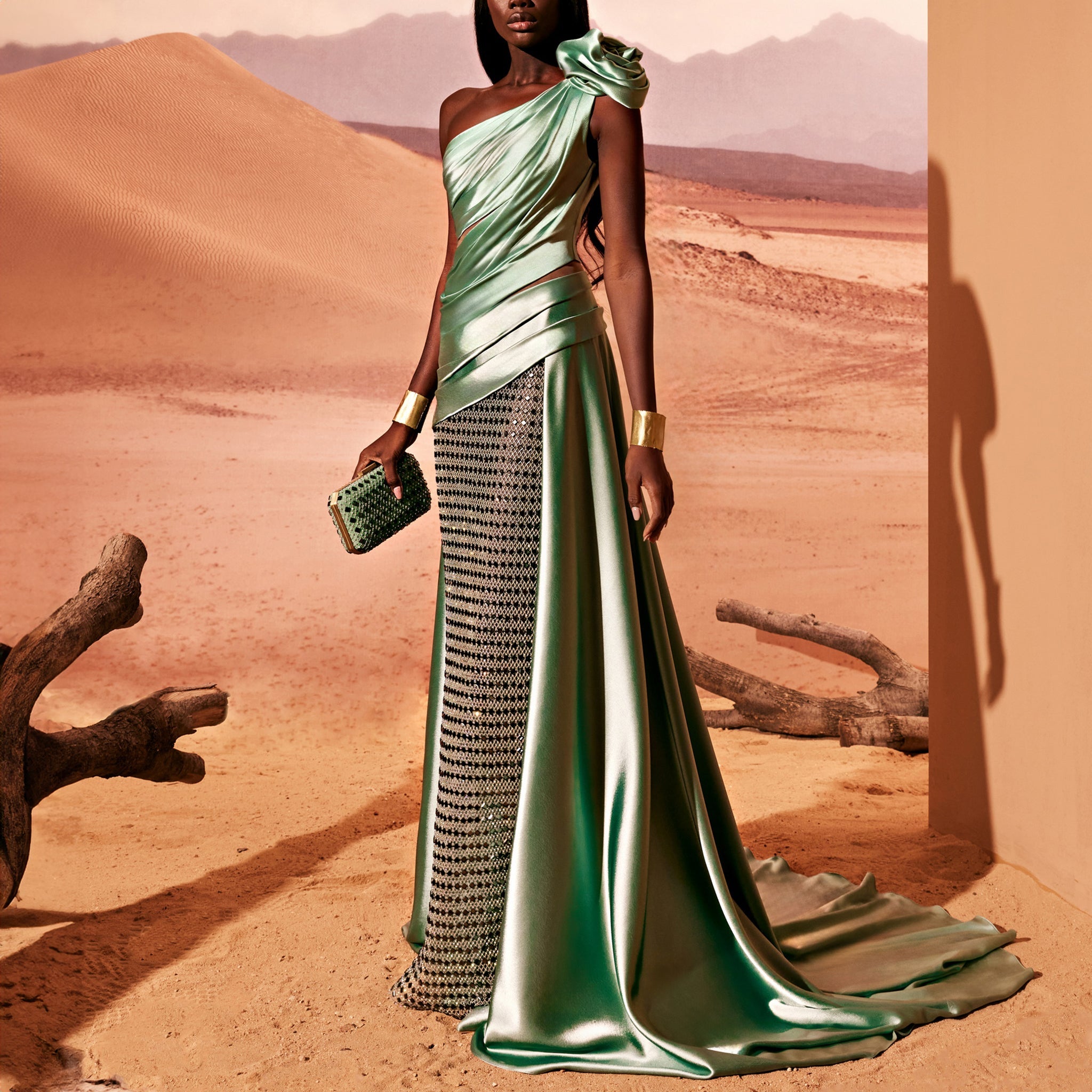 Water Green Dress With Beaded Skirt by Tony Ward