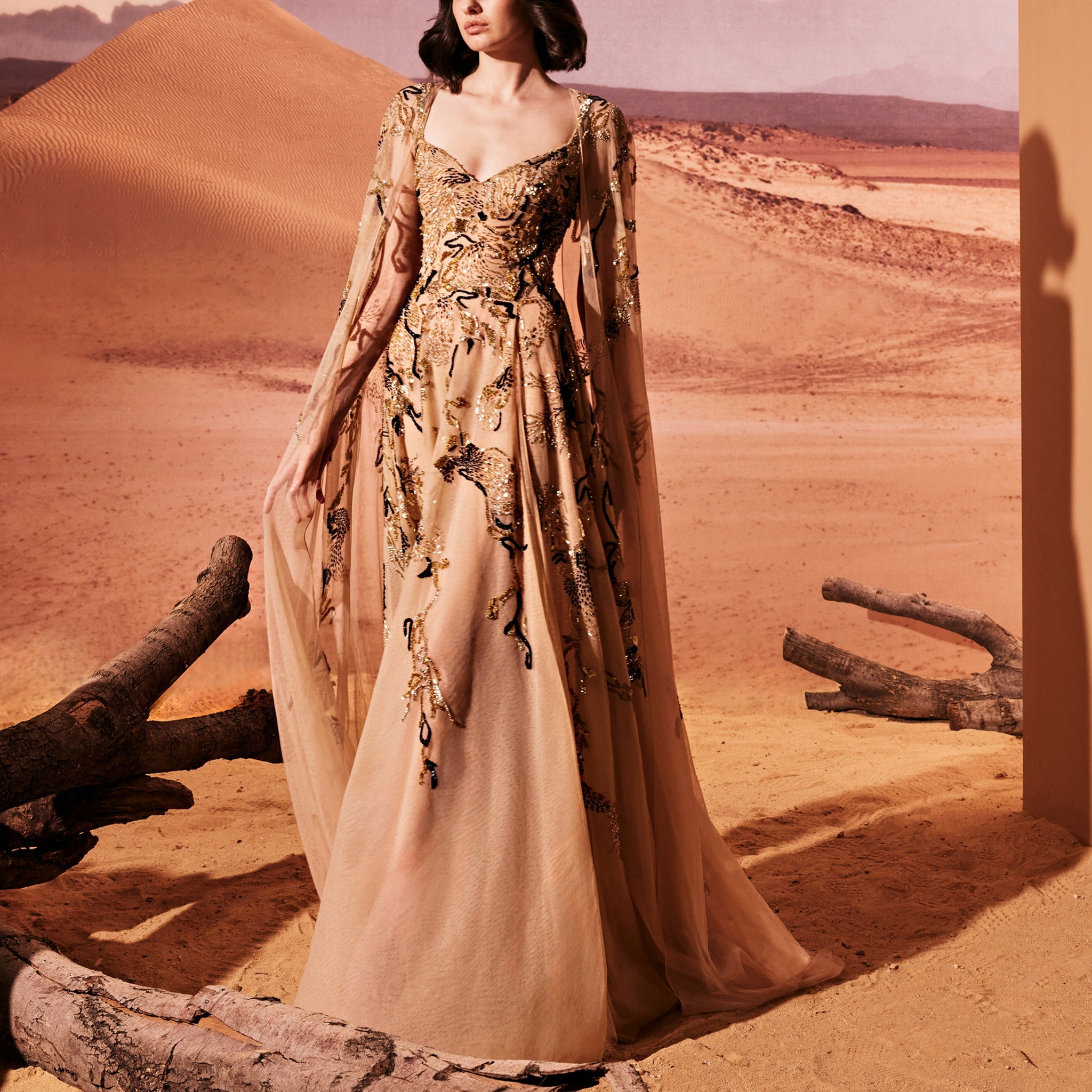 Camel Dress With Black Embroidery by Tony Ward