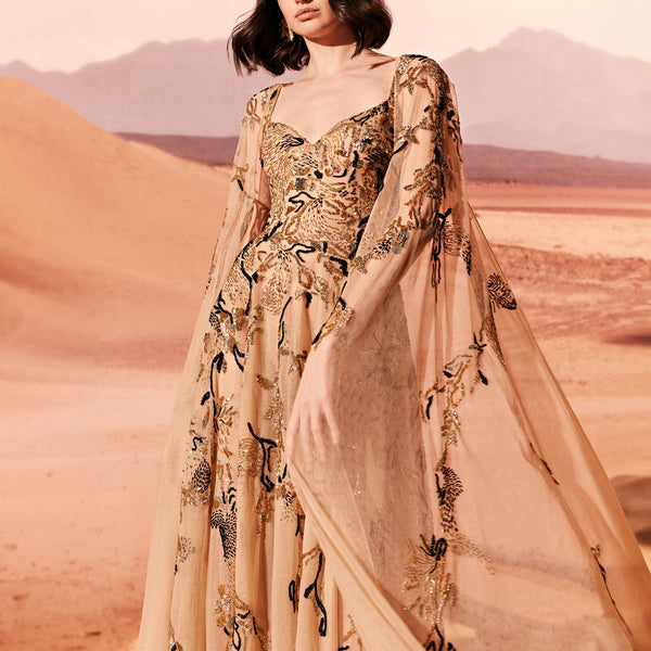 Camel Dress With Black Embroidery