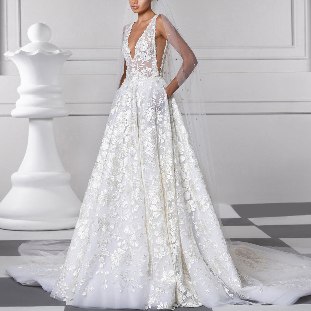 Deep-V Tulle Dress with French Lace by Tony Ward