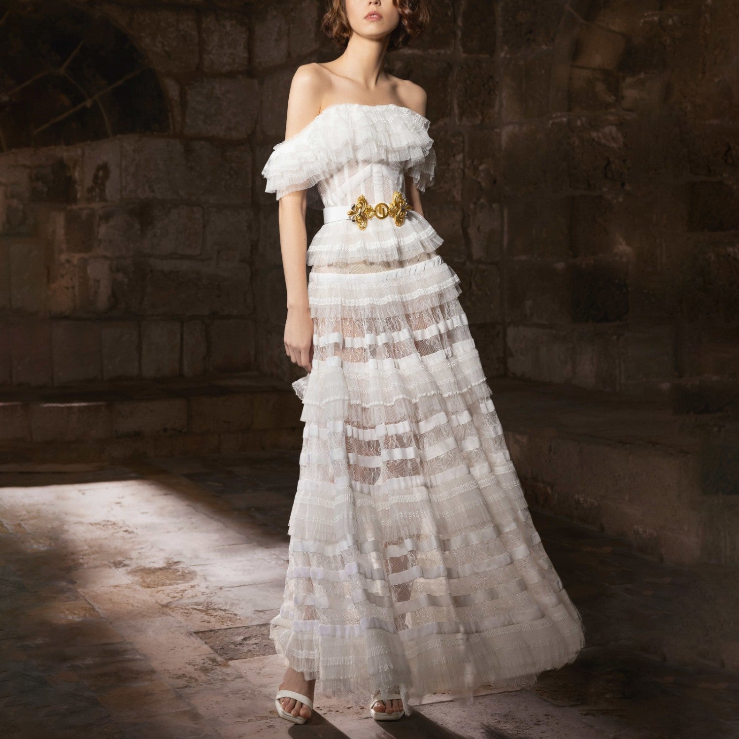 Off-Shoulder Embroidered Lace Dress